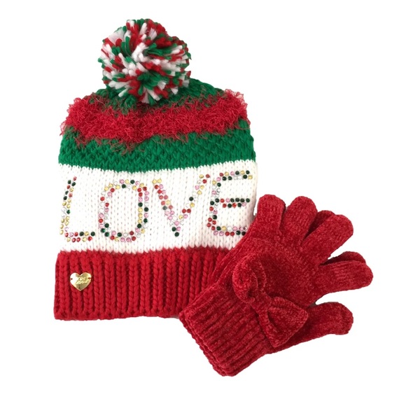 NWT Betsey Johnson Red Green White Love Beanie Hat & Chenille Bow Glove Set - Picture 1 of 4